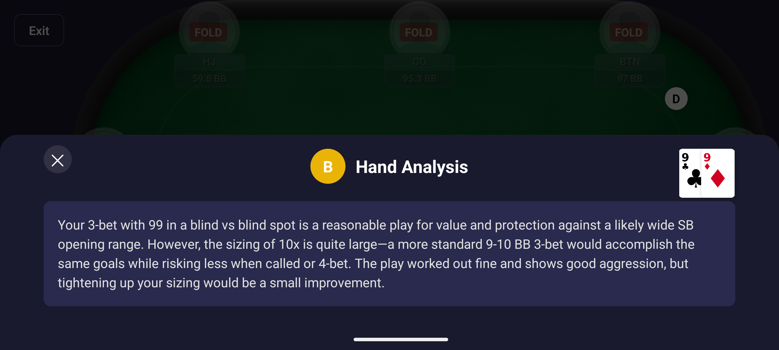 10x.poker app showing hand analysis with B grade and detailed coaching feedback